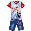 Комплект для девочек, комбинированная футболка + джинсовые шорты на тянущемся поясе с принтом Anna Elsa. Ткань кулирка, джинса.