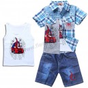 Детский костюм тройка для мальчиков, рубашка, майка + джинсовые шорты. Ткань кулирка, интерлок, джинса.