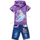 Комплект для девочек, футболка с капюшоном + джинсовые шорты на тянущемся поясе с принтом Elsa. Ткань кулирка, джинса.
