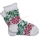 Теплые детские носочки из шерсти ангорки белые с красно-зеленым  узором рябина 